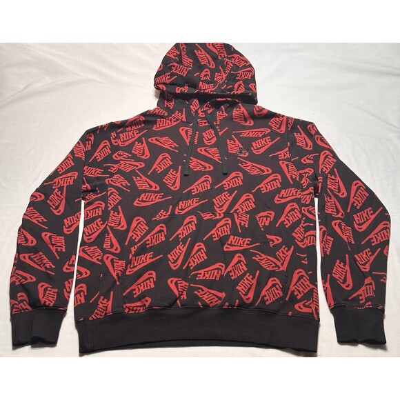 Nike Essentials Hoodie Mens Red Black All Over Print Logo DD4847-657 Size Small - Picture 1 of 10